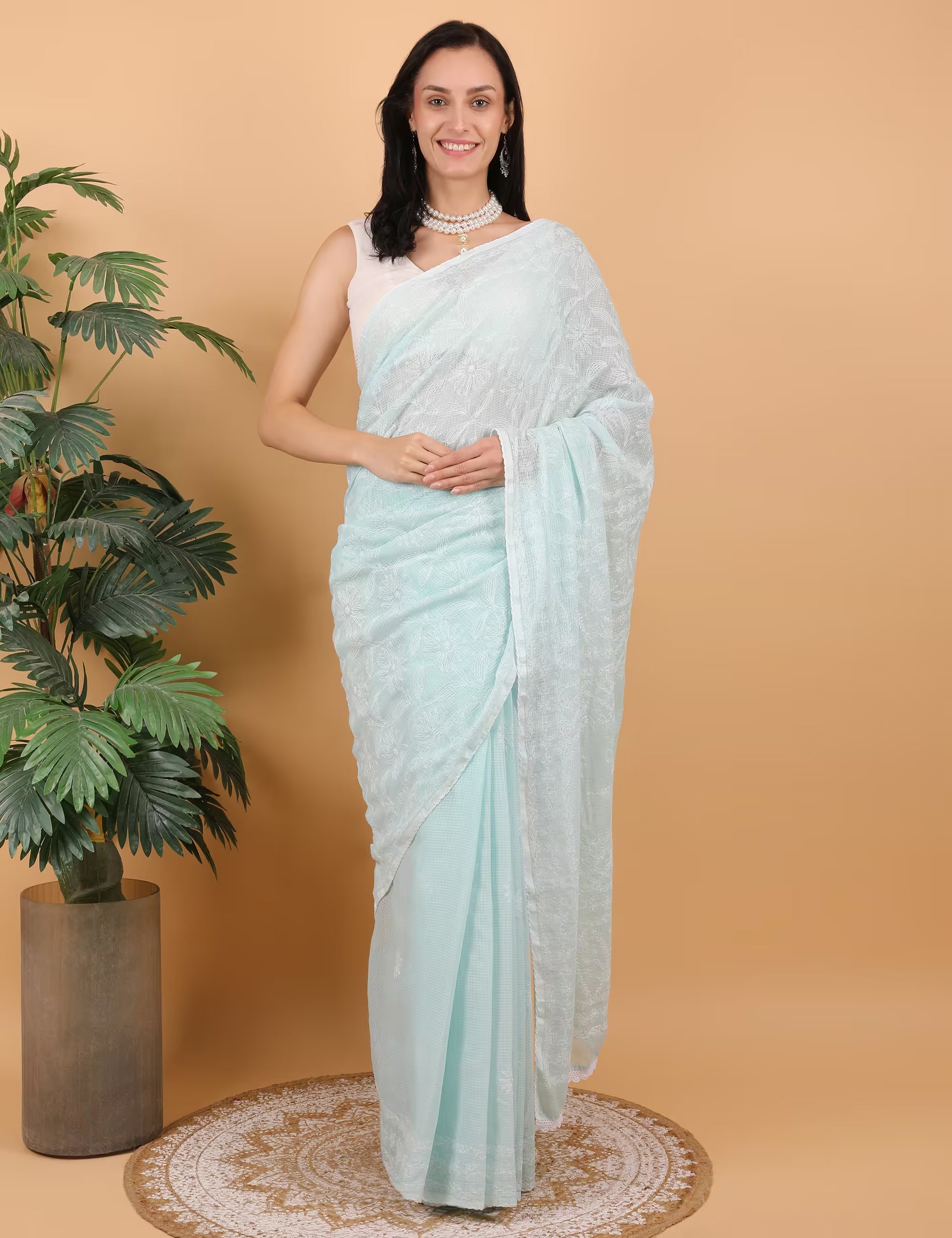 Shwet Women Hand Embroidered Sea Blue Kota Cotton Chikankari Saree - Shwet Artistry