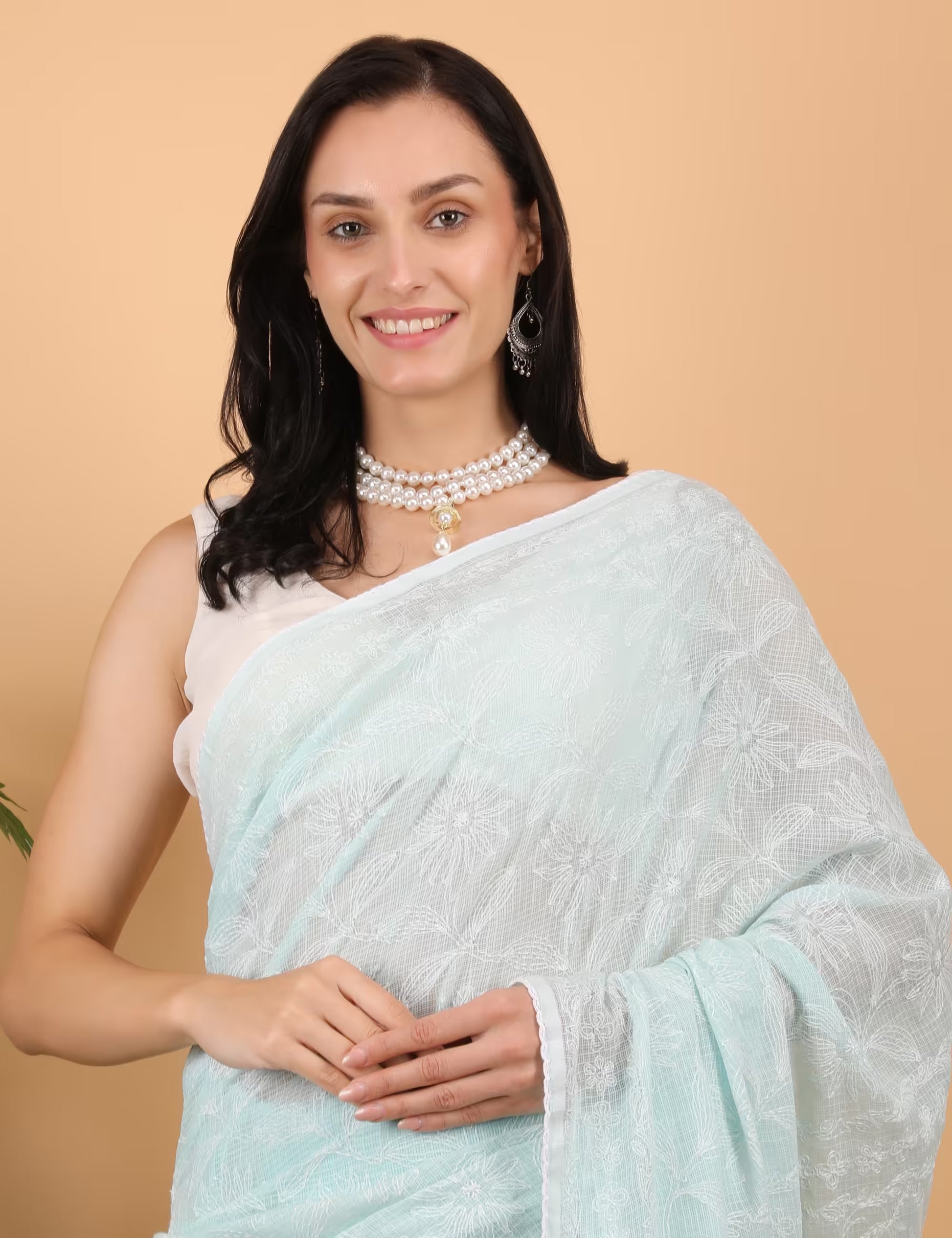 Shwet Women Hand Embroidered Sea Blue Kota Cotton Chikankari Saree - Shwet Artistry