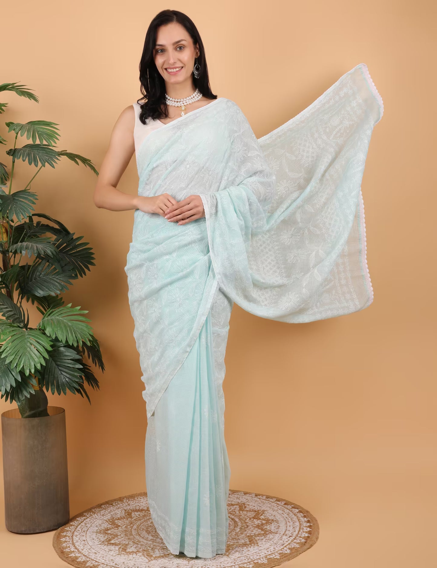 Shwet Women Hand Embroidered Sea Blue Kota Cotton Chikankari Saree - Shwet Artistry