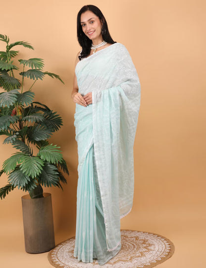 Shwet Women Hand Embroidered Sea Blue Kota Cotton Chikankari Saree - Shwet Artistry