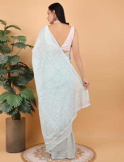 Shwet Women Hand Embroidered Sea Blue Kota Cotton Chikankari Saree - Shwet Artistry