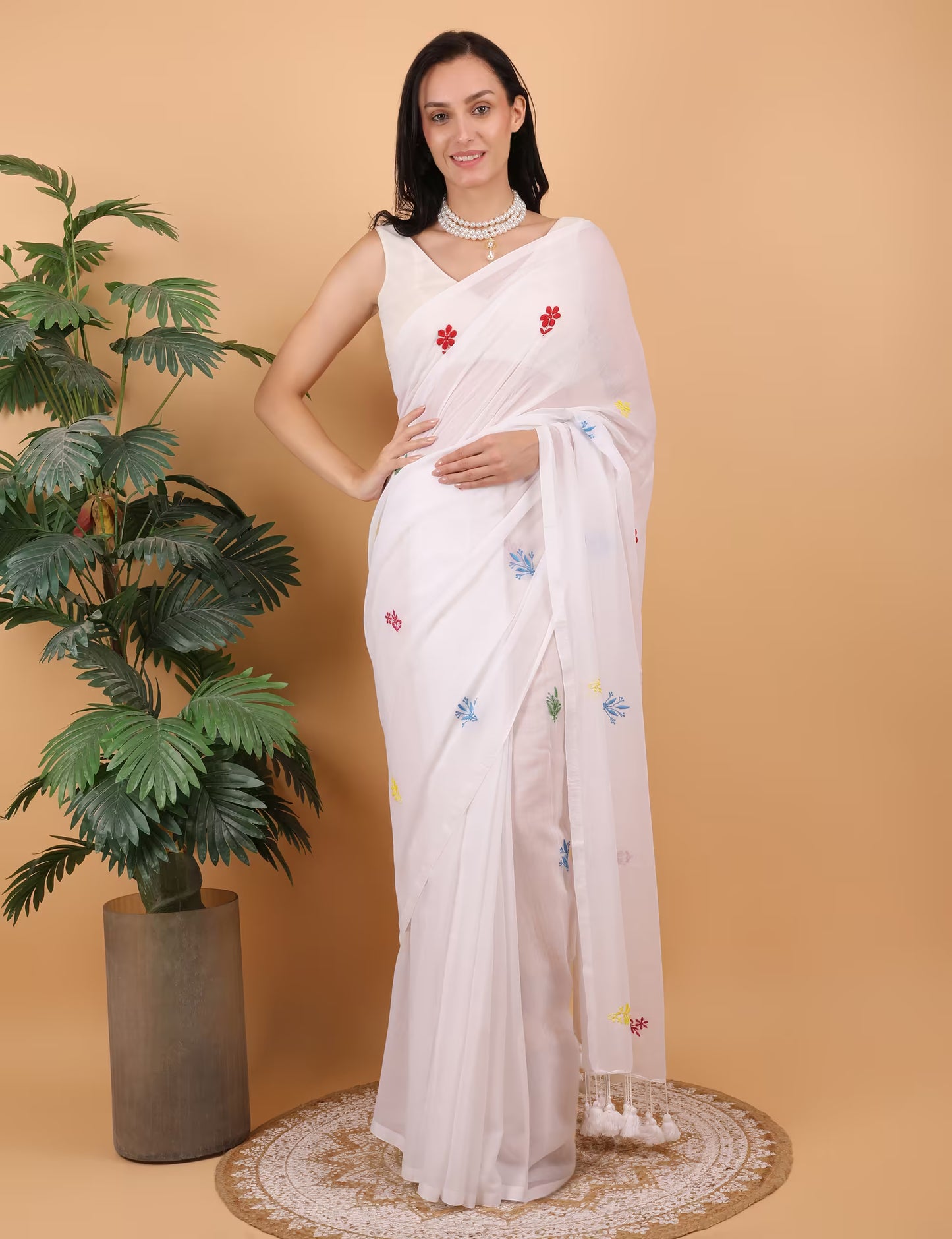 Shwet Women White  Hand Embroidered Chikankari  Mulmul Saree - Shwet Artistry