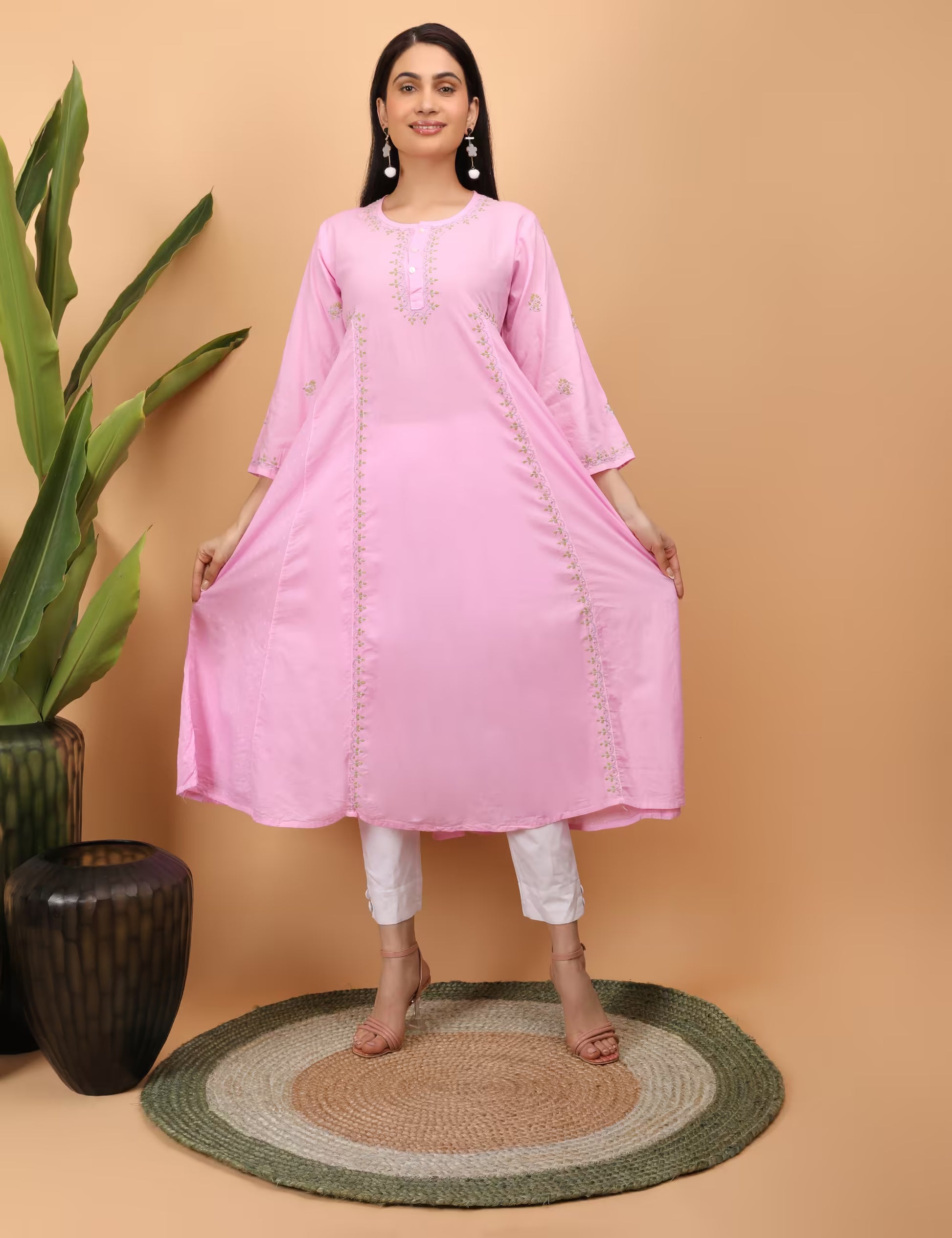 Women Pink Hand Embroidered Chikankari Kali Kurti - Shwet Artistry