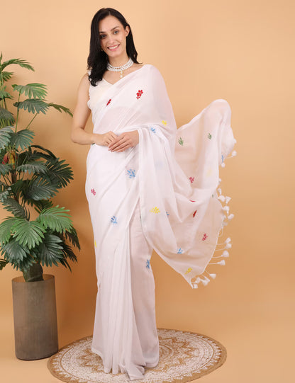 Shwet Women White  Hand Embroidered Chikankari  Mulmul Saree - Shwet Artistry