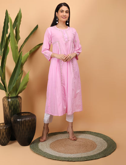 Women Pink Hand Embroidered Chikankari Kali Kurti - Shwet Artistry