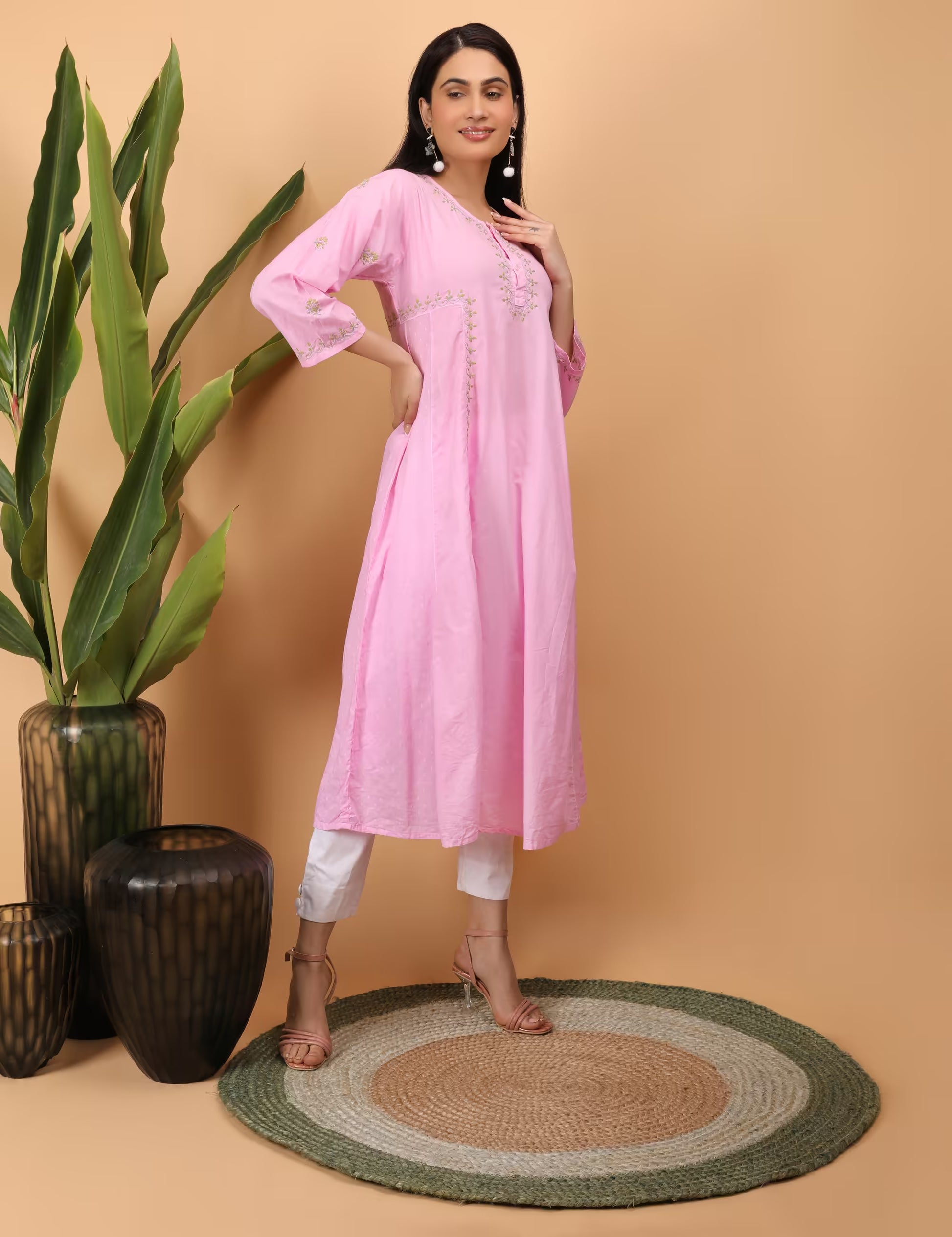 Women Pink Hand Embroidered Chikankari Kali Kurti - Shwet Artistry
