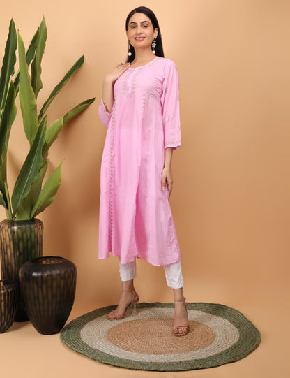 Women Pink Hand Embroidered Chikankari Kali Kurti - Shwet Artistry
