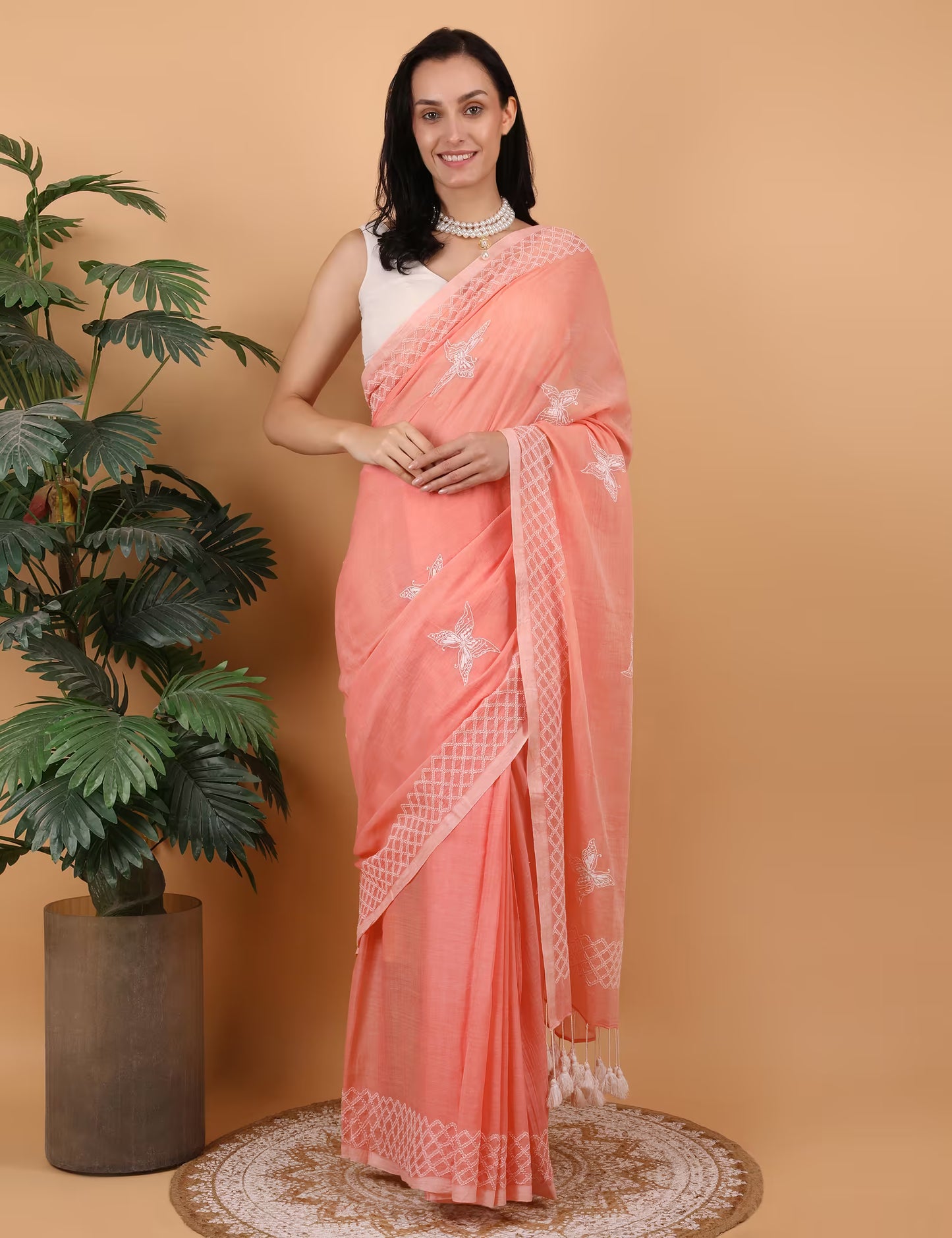 Shwet Women Peach  Hand Embroidered Chikankari  Mulmul Saree - Shwet Artistry