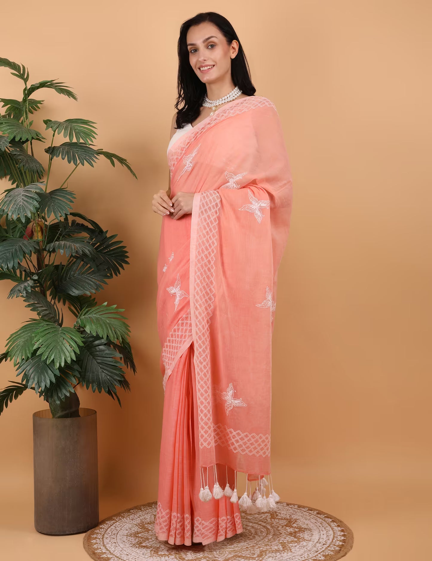 Shwet Women Peach  Hand Embroidered Chikankari  Mulmul Saree - Shwet Artistry