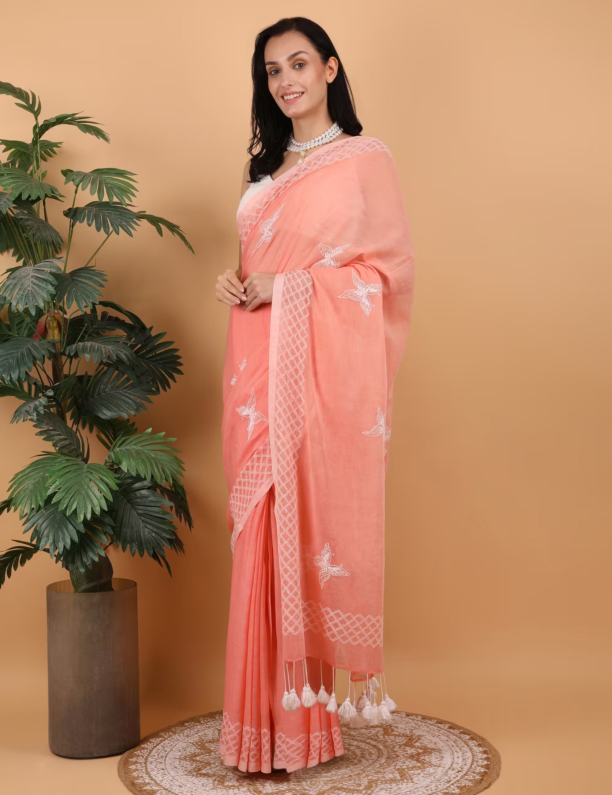 Shwet Women Peach  Hand Embroidered Chikankari  Mulmul Saree - Shwet Artistry