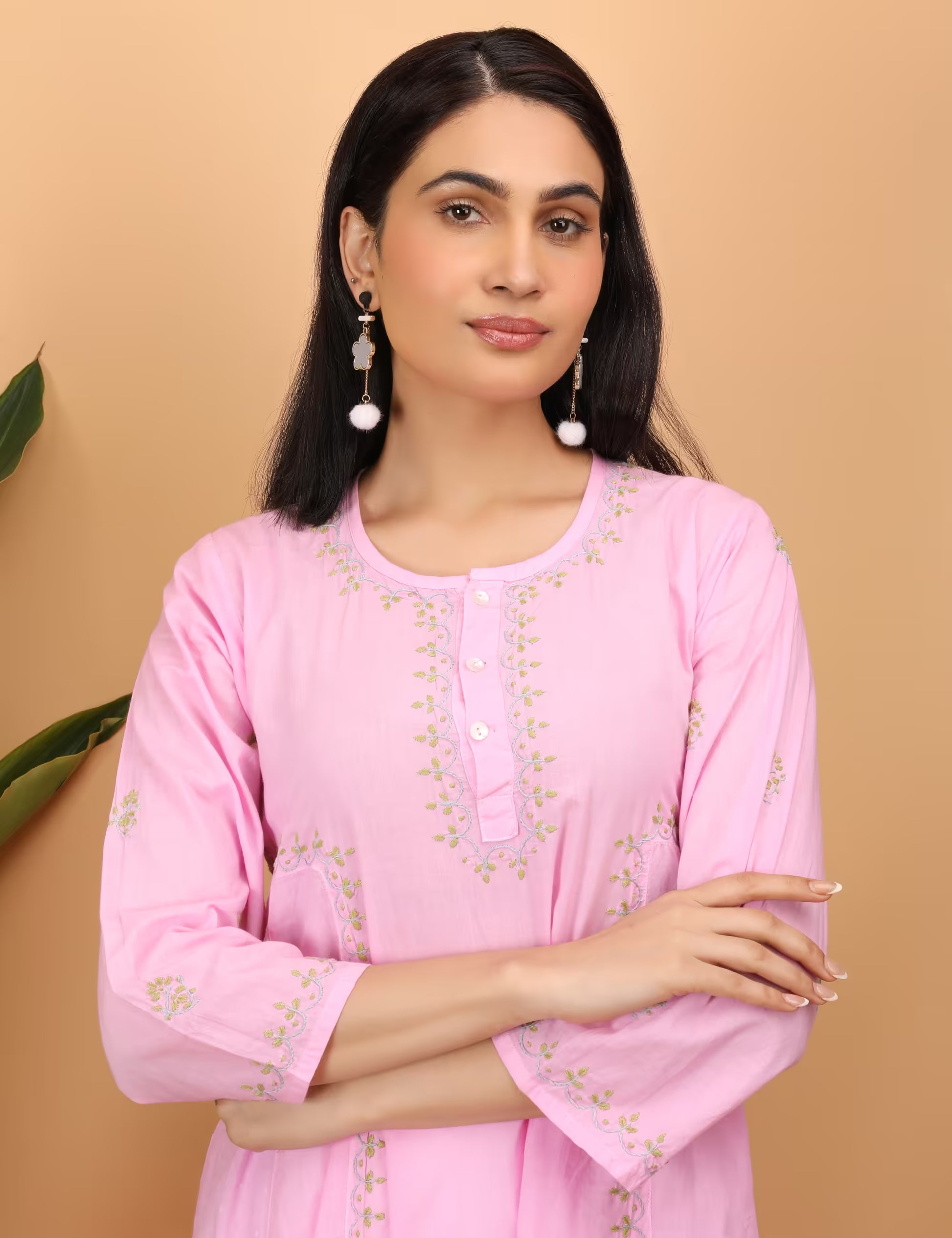 Women Pink Hand Embroidered Chikankari Kali Kurti - Shwet Artistry