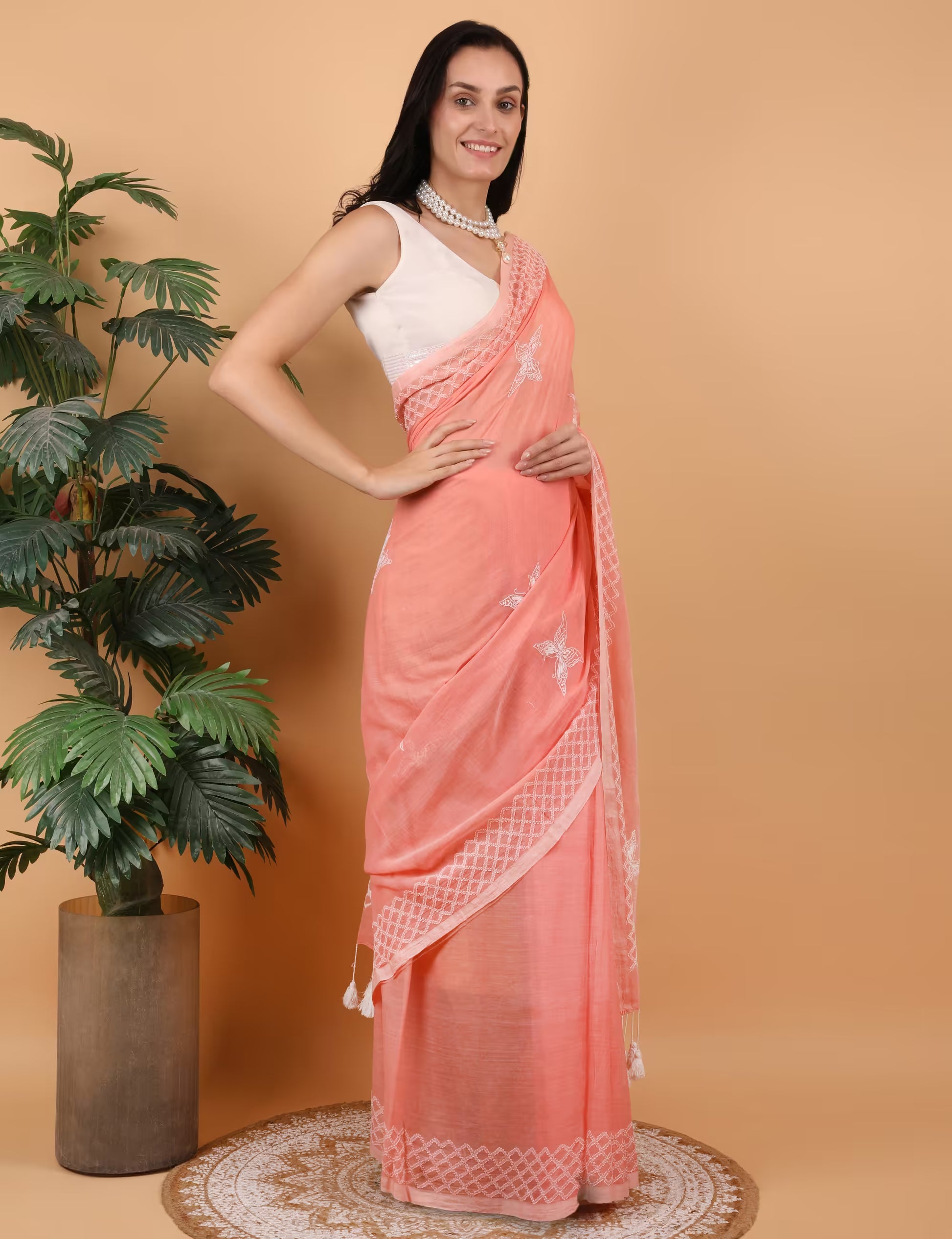 Shwet Women Peach  Hand Embroidered Chikankari  Mulmul Saree - Shwet Artistry