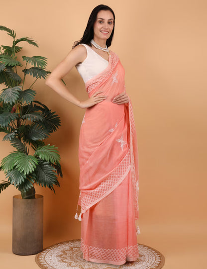 Shwet Women Peach  Hand Embroidered Chikankari  Mulmul Saree - Shwet Artistry