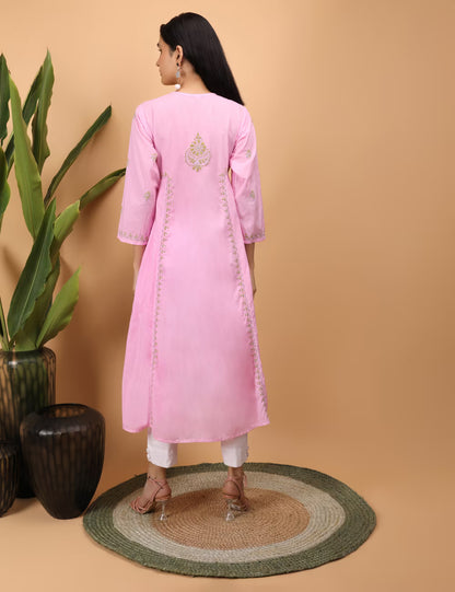 Women Pink Hand Embroidered Chikankari Kali Kurti - Shwet Artistry