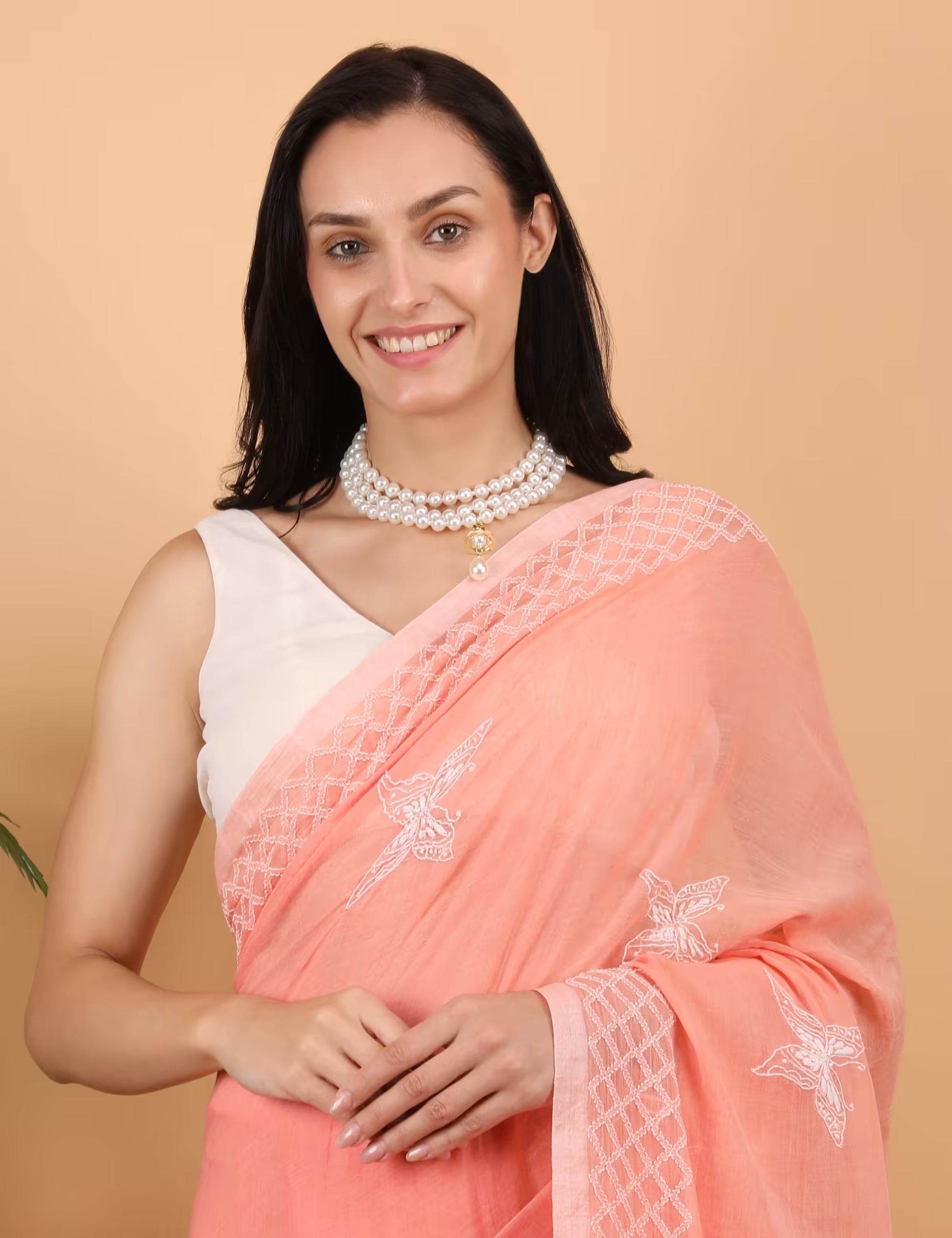Shwet Women Peach  Hand Embroidered Chikankari  Mulmul Saree - Shwet Artistry