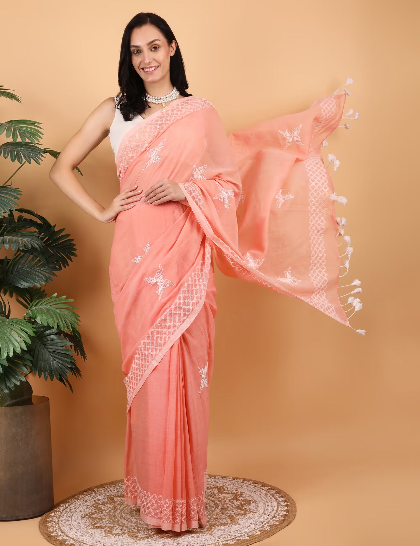 Shwet Women Peach  Hand Embroidered Chikankari  Mulmul Saree - Shwet Artistry