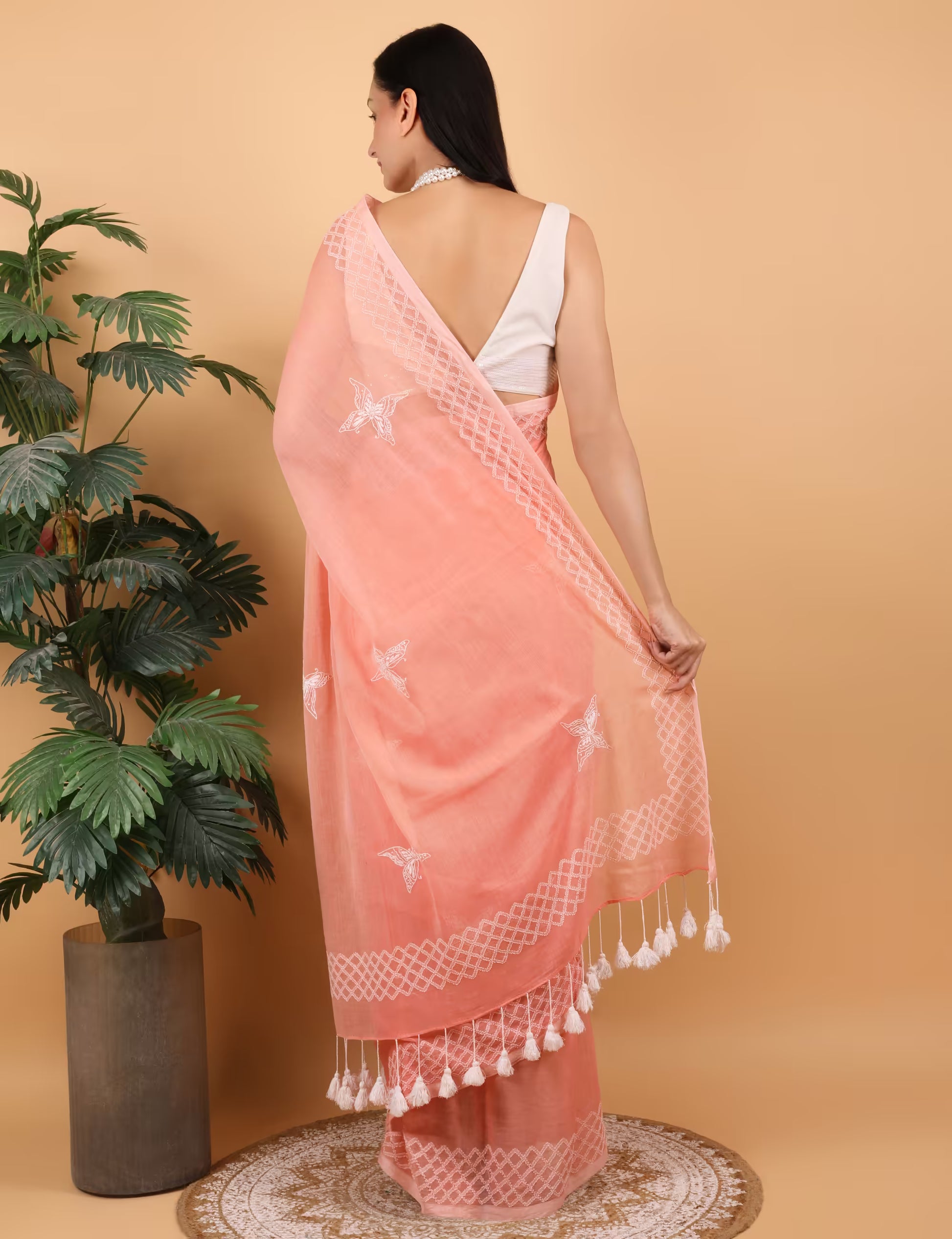 Shwet Women Peach  Hand Embroidered Chikankari  Mulmul Saree - Shwet Artistry
