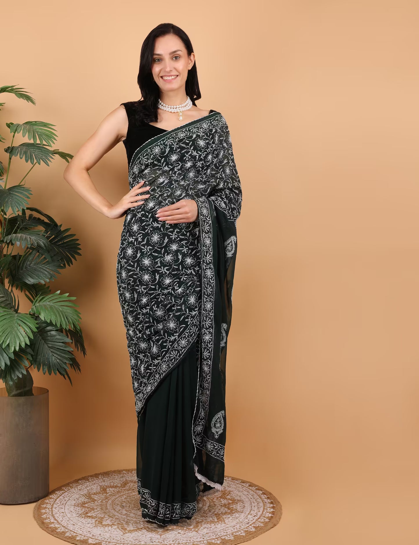 Women Dark Green Hand Embroidered Chikankari Georgette Saree - Shwet Artistry