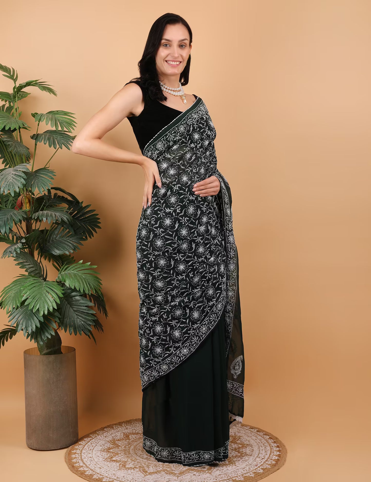 Women Dark Green Hand Embroidered Chikankari Georgette Saree - Shwet Artistry