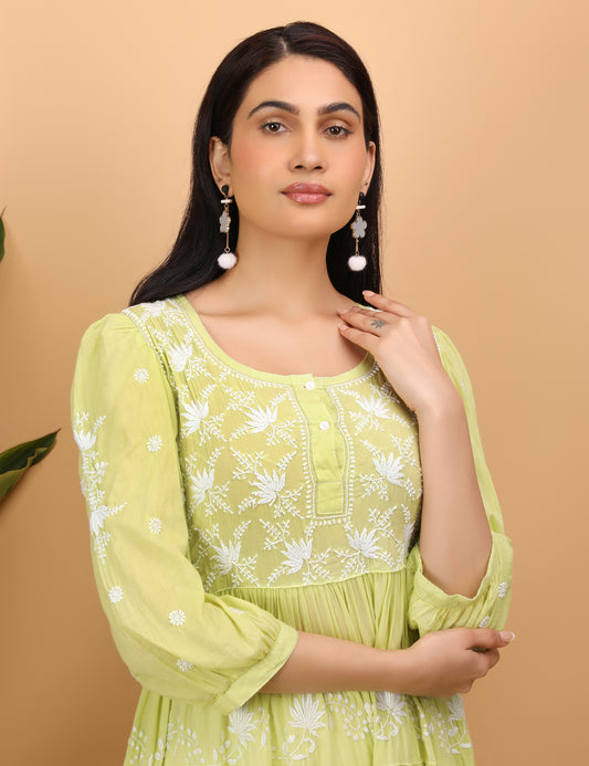 Shwet Artistry Shwet Women Green Mul Layer Chikankari dress - Premium Chikankari Collection