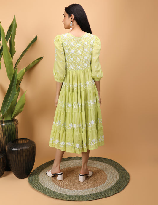 Shwet Artistry Shwet Women Green Mul Layer Chikankari dress - Premium Chikankari Collection