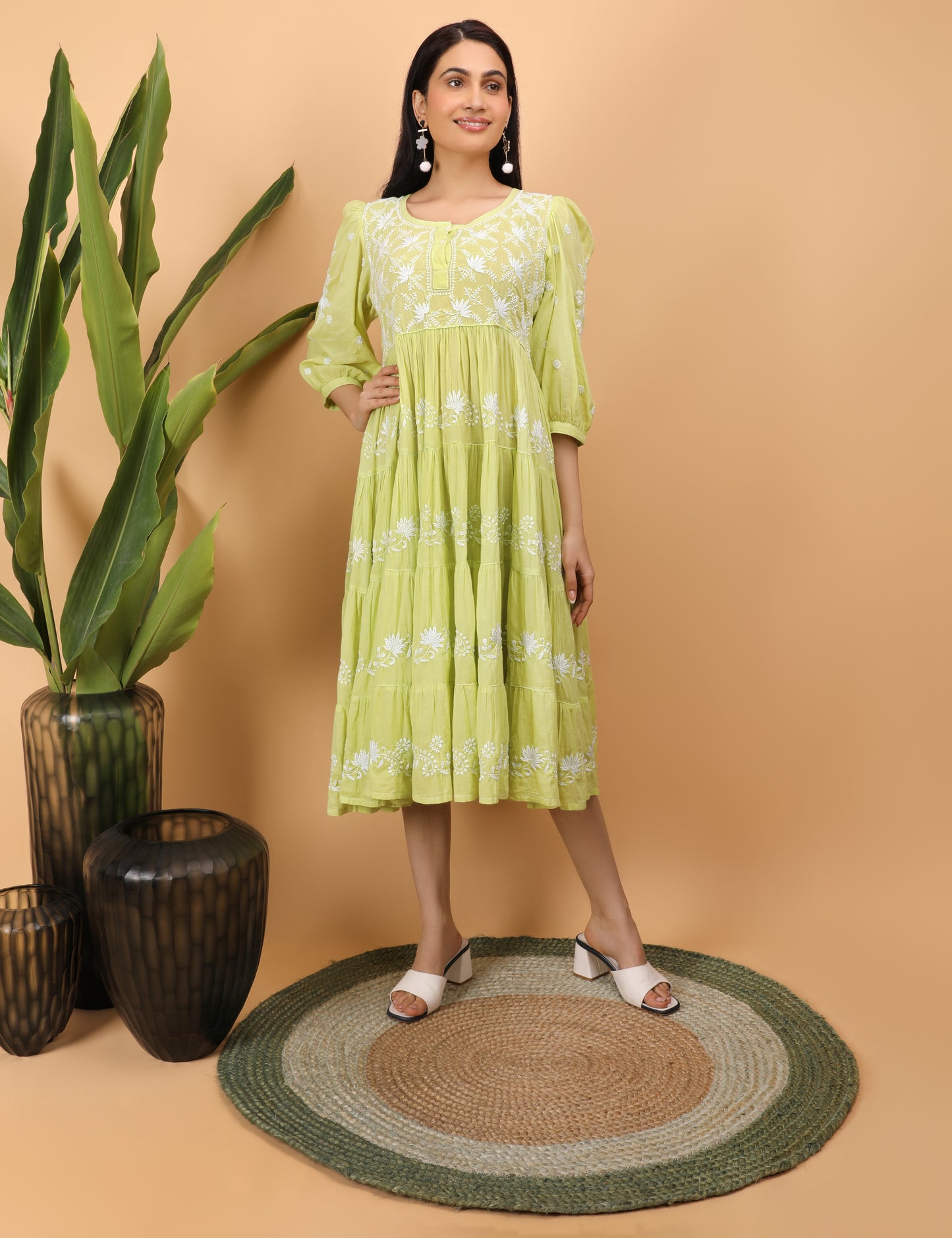 Shwet Artistry Shwet Women Green Mul Layer Chikankari dress - Premium Chikankari Collection