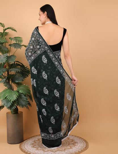 Women Dark Green Hand Embroidered Chikankari Georgette Saree - Shwet Artistry