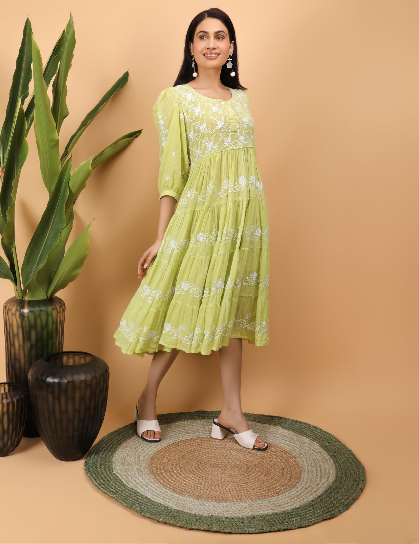 Shwet Artistry Shwet Women Green Mul Layer Chikankari dress - Premium Chikankari Collection