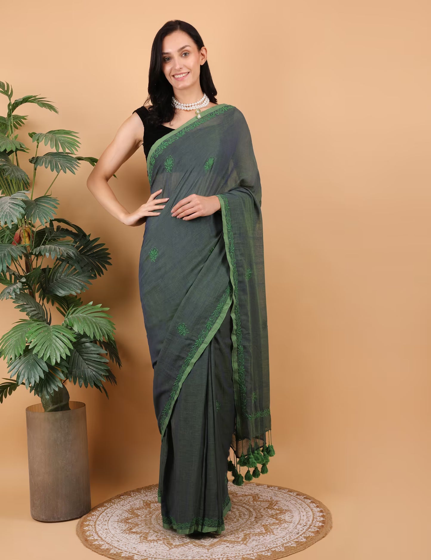 Shwet Women Dark Green  Hand Embroidered Chikankari  Mulmul Saree - Shwet Artistry
