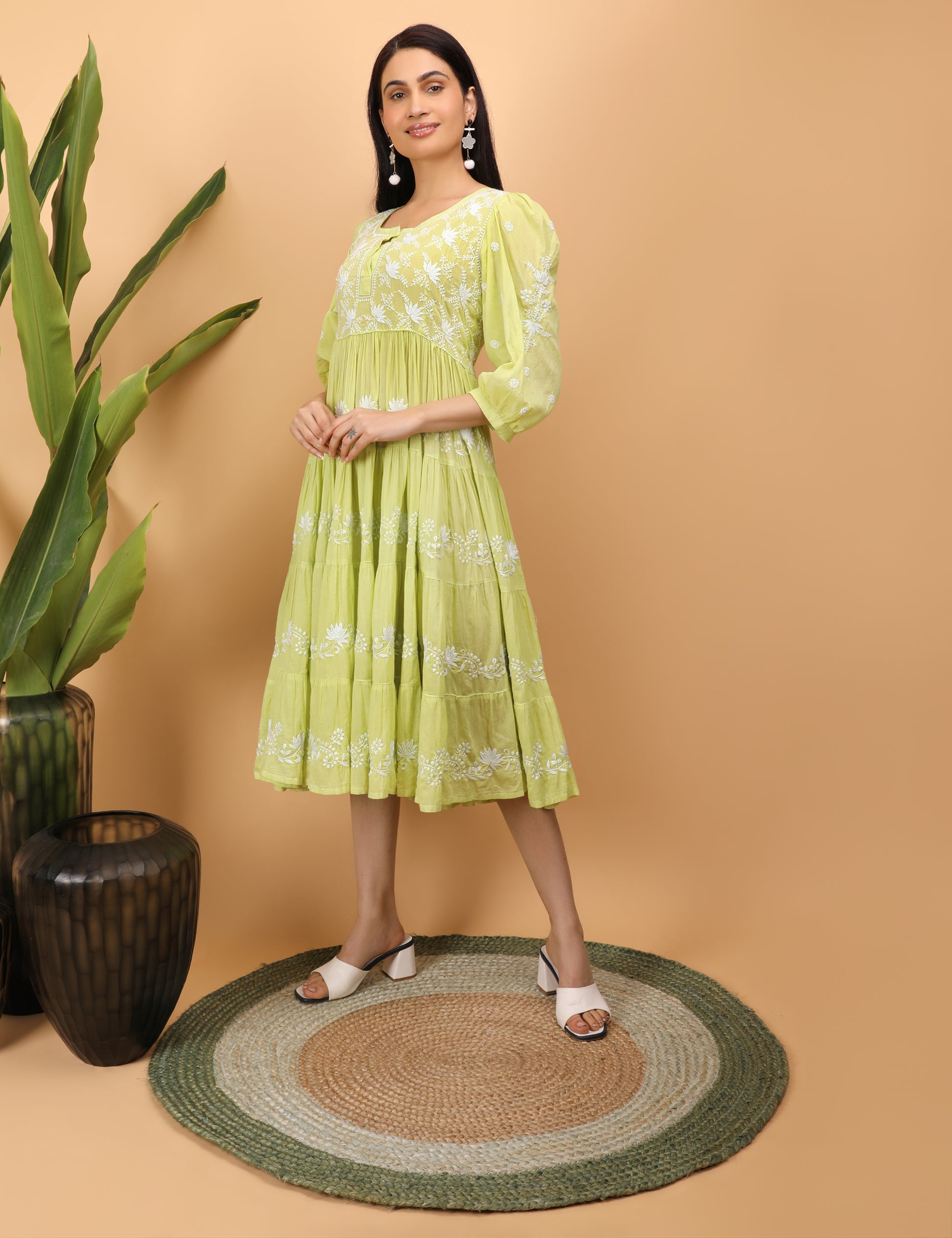 Shwet Artistry Shwet Women Green Mul Layer Chikankari dress - Premium Chikankari Collection