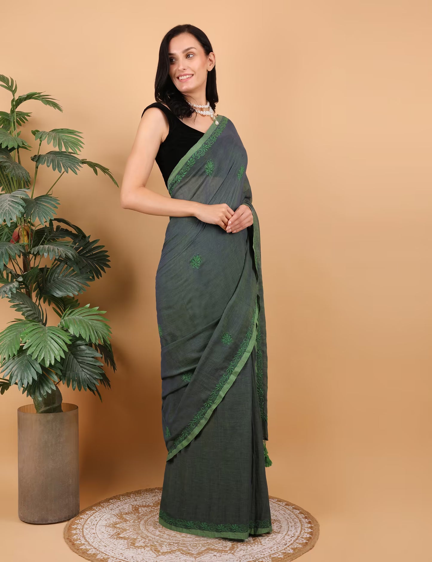 Shwet Women Dark Green  Hand Embroidered Chikankari  Mulmul Saree - Shwet Artistry