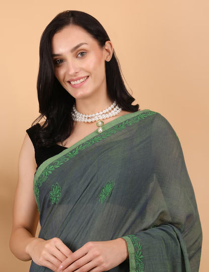 Shwet Women Dark Green  Hand Embroidered Chikankari  Mulmul Saree - Shwet Artistry