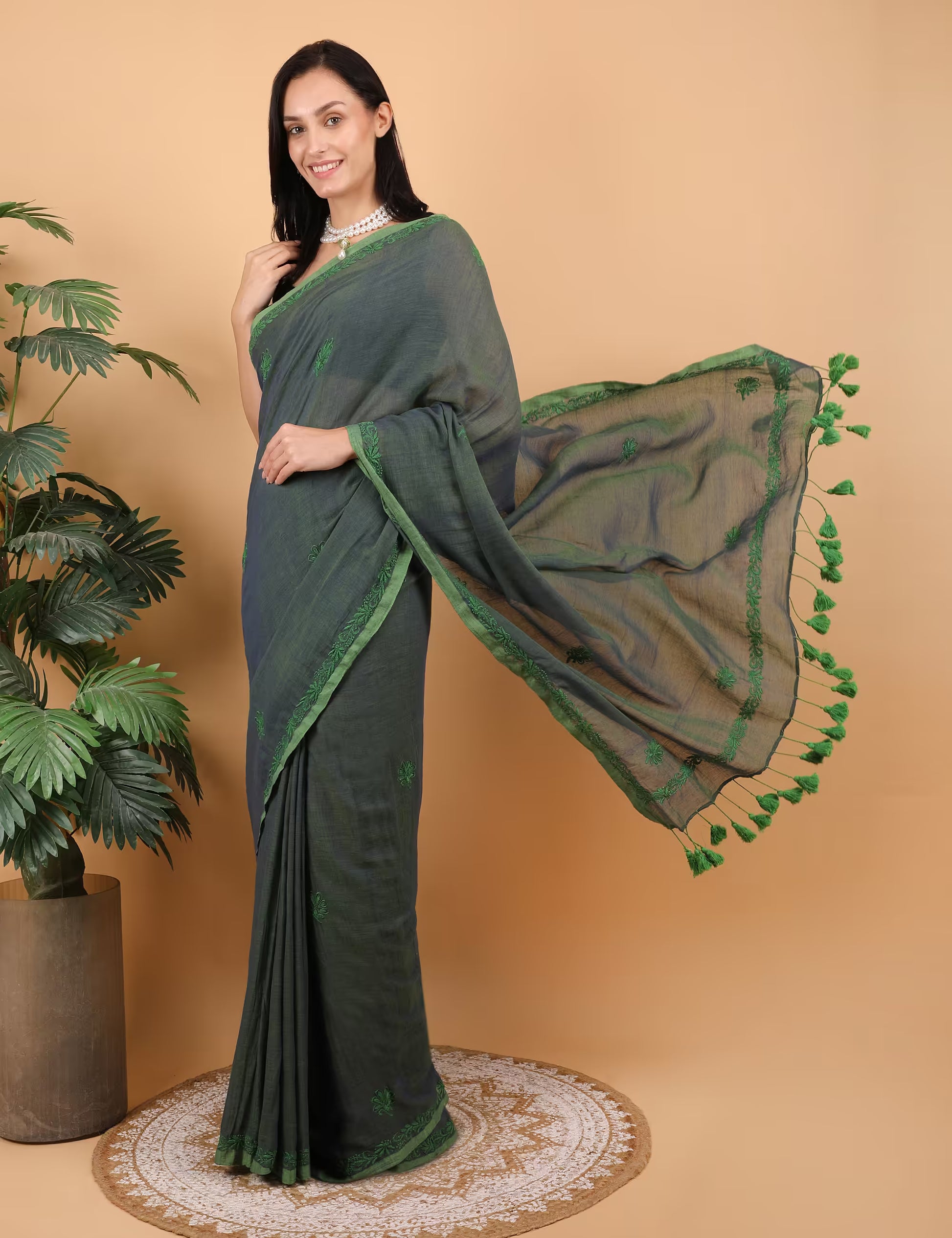 Shwet Women Dark Green  Hand Embroidered Chikankari  Mulmul Saree - Shwet Artistry