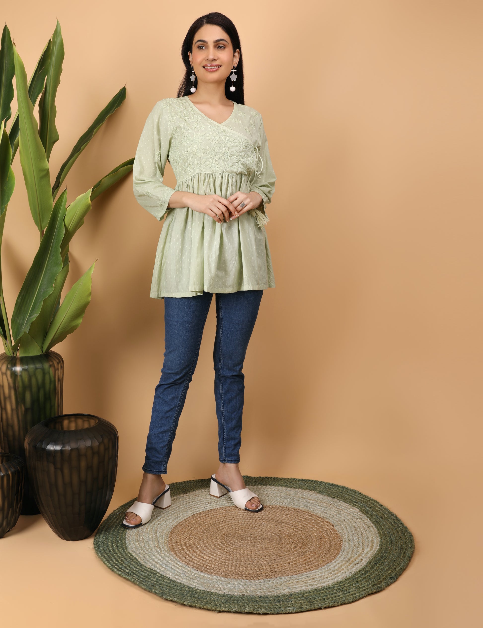 Shwet Artistry Shwet Women Cyan green Chikankari Angarkha Top - Premium Chikankari Collection