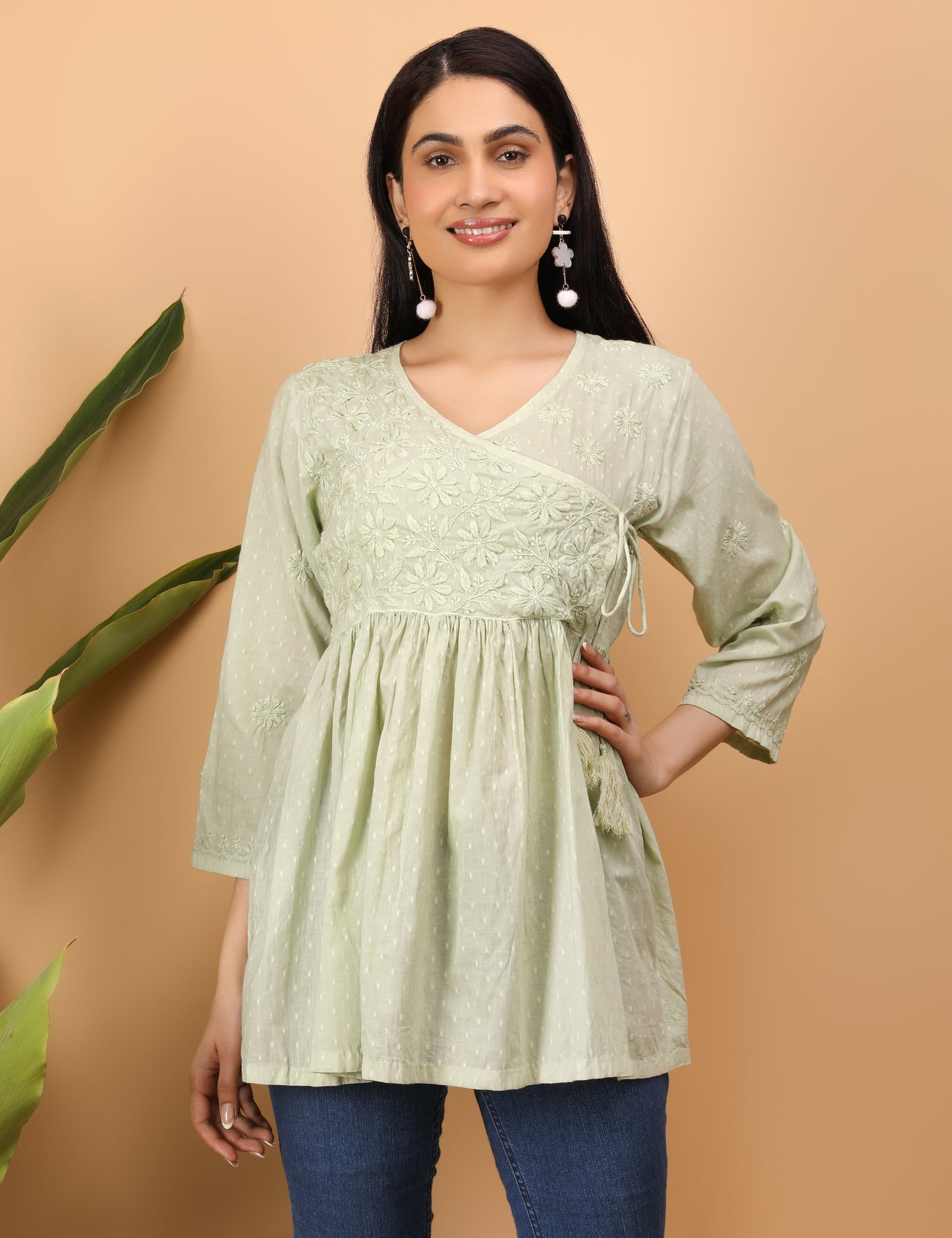Shwet Artistry Shwet Women Cyan green Chikankari Angarkha Top - Premium Chikankari Collection