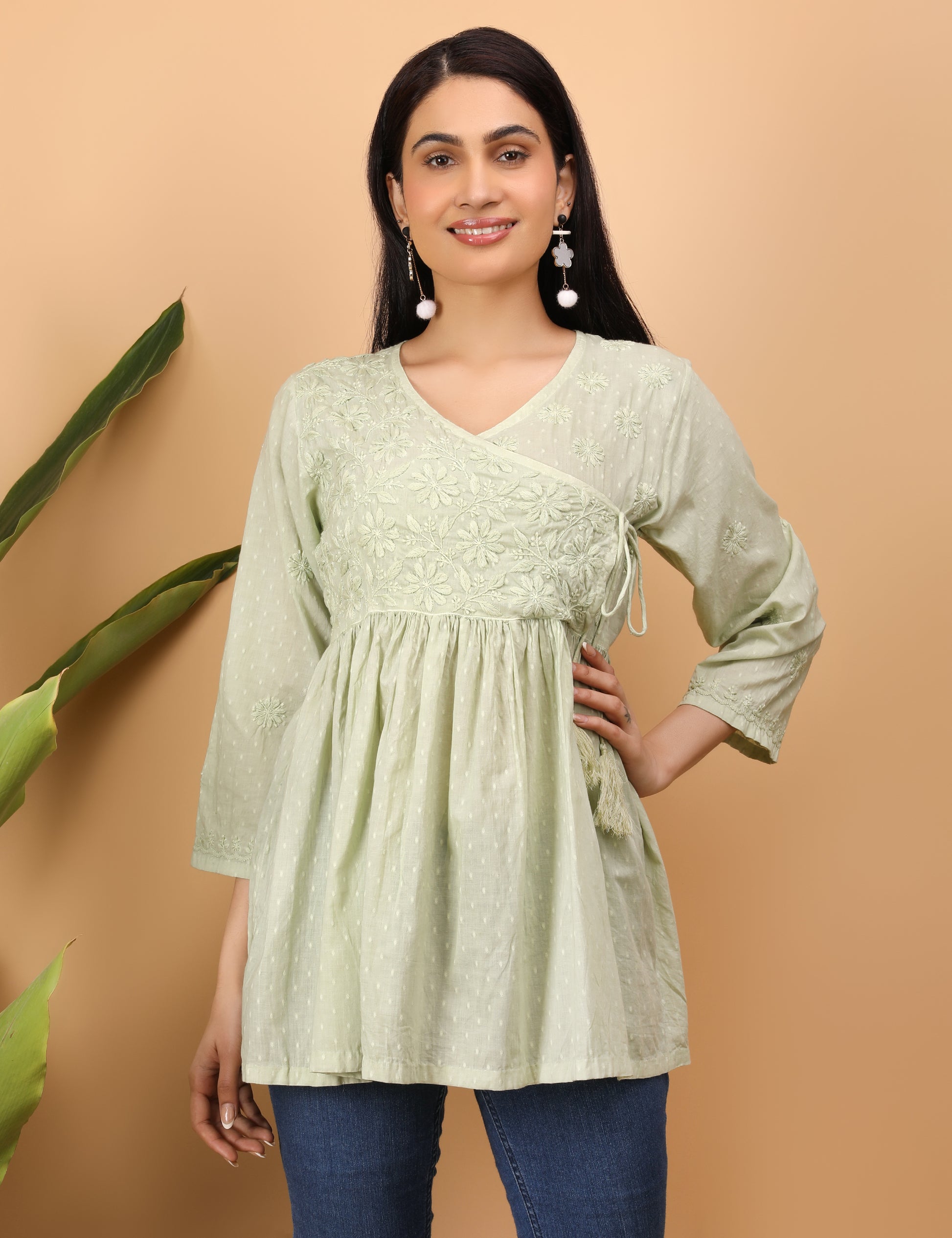 Shwet Artistry Shwet Women Cyan green Chikankari Angarkha Top - Premium Chikankari Collection