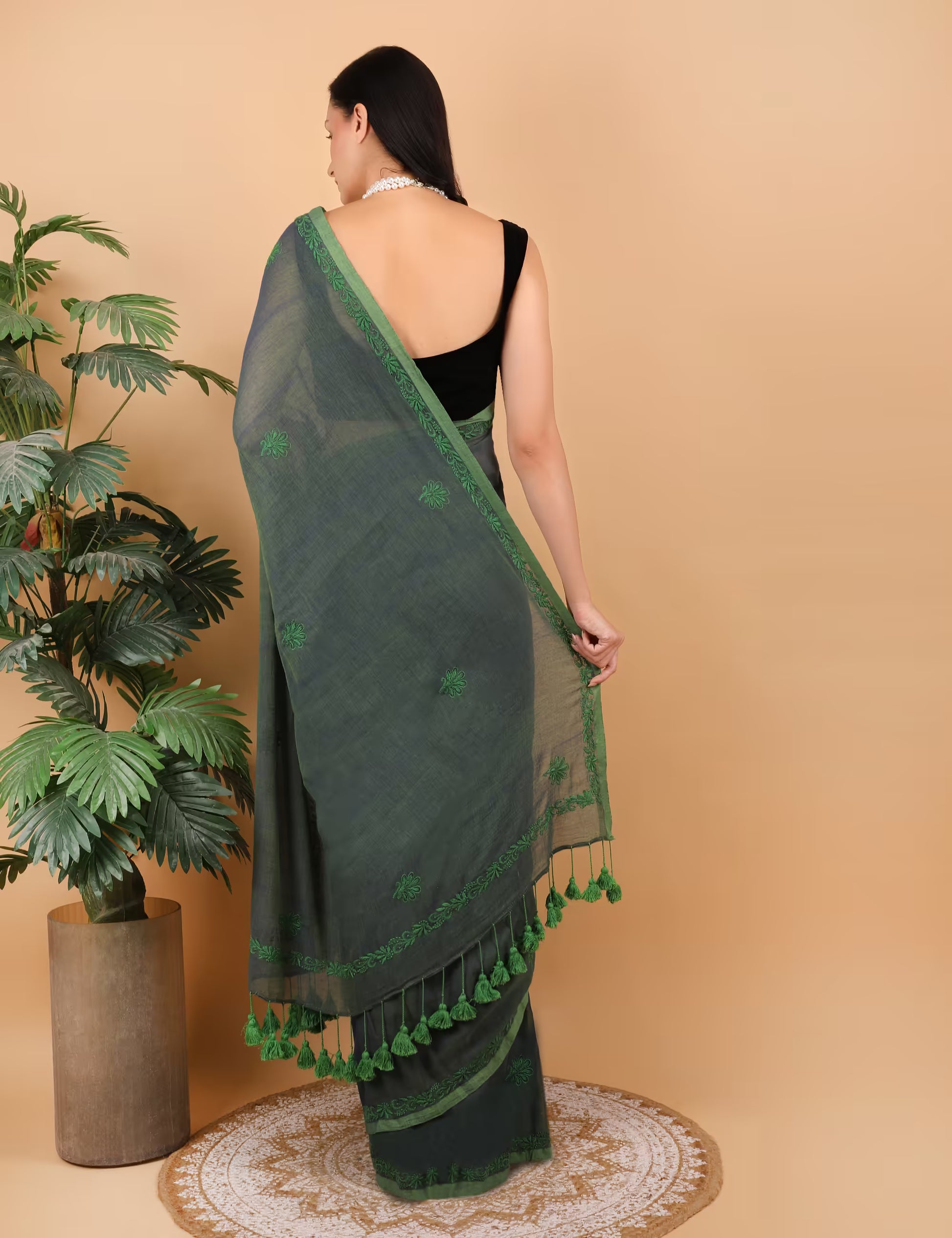 Shwet Women Dark Green  Hand Embroidered Chikankari  Mulmul Saree - Shwet Artistry