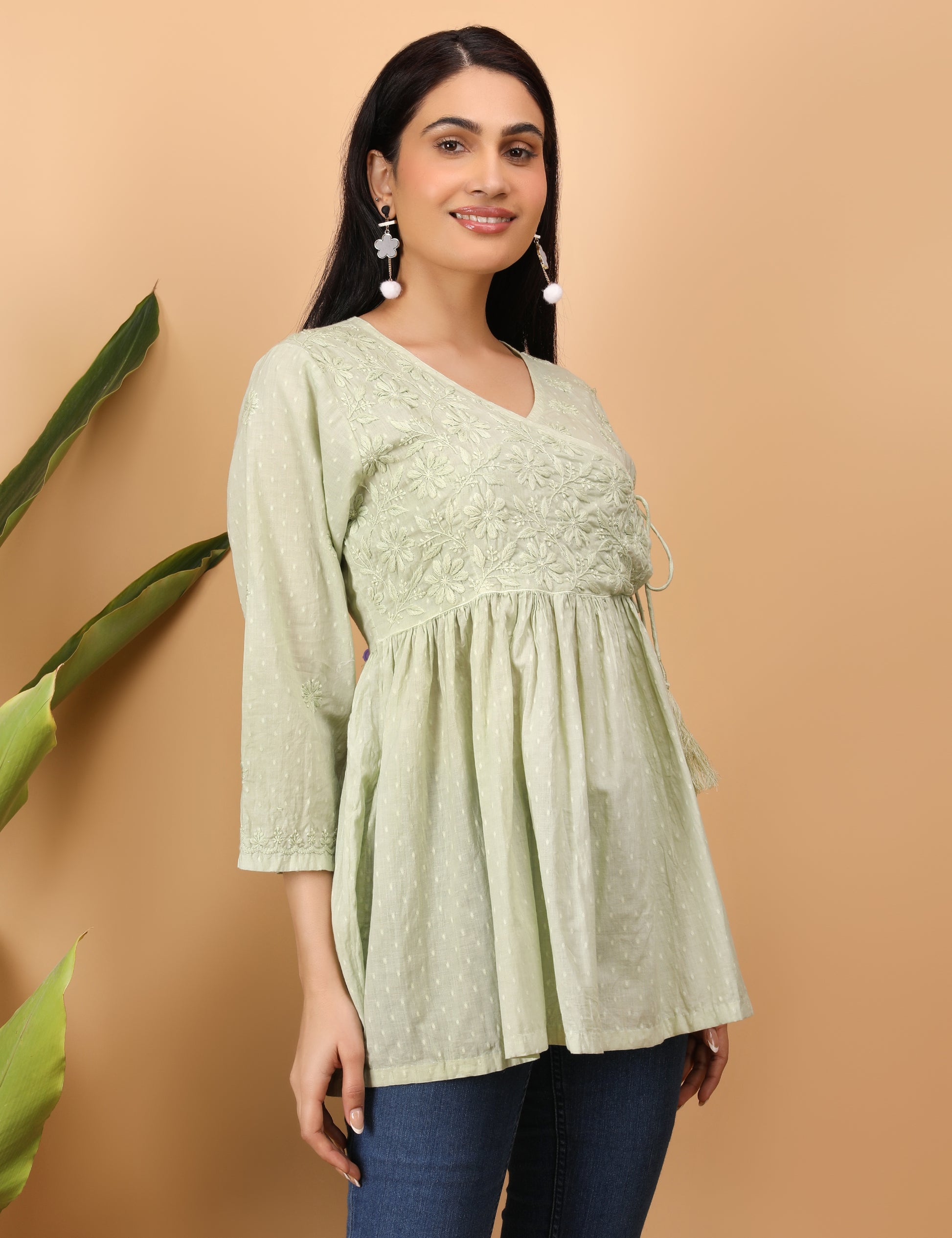 Shwet Artistry Shwet Women Cyan green Chikankari Angarkha Top - Premium Chikankari Collection