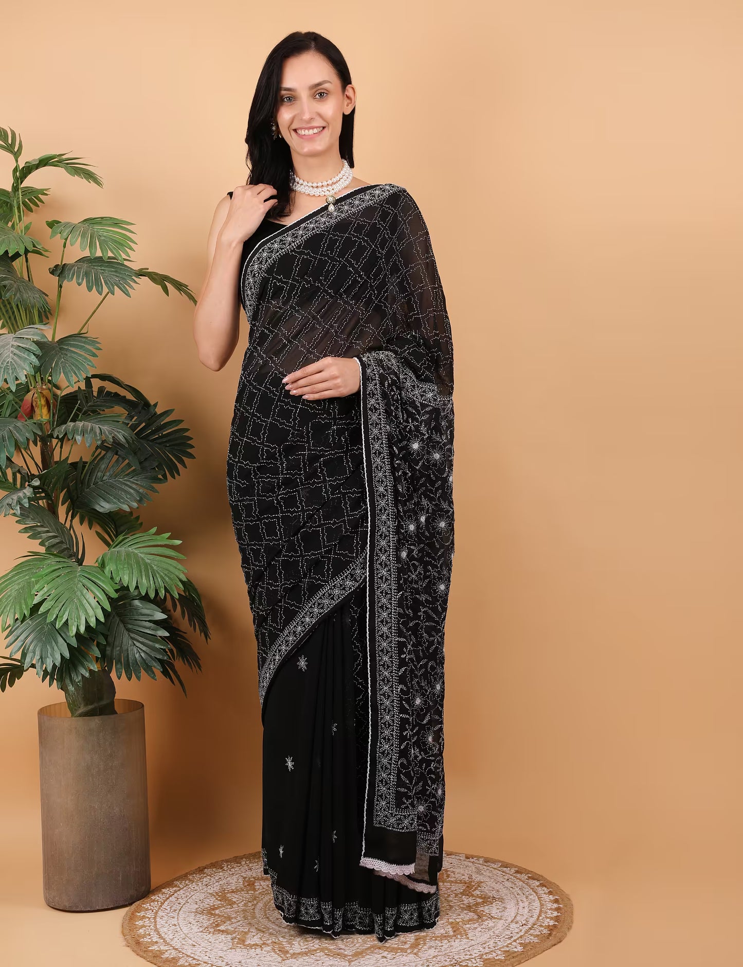 Shwet Women Hand Embroidered Black Georgette Chikankari Saree - Shwet Artistry