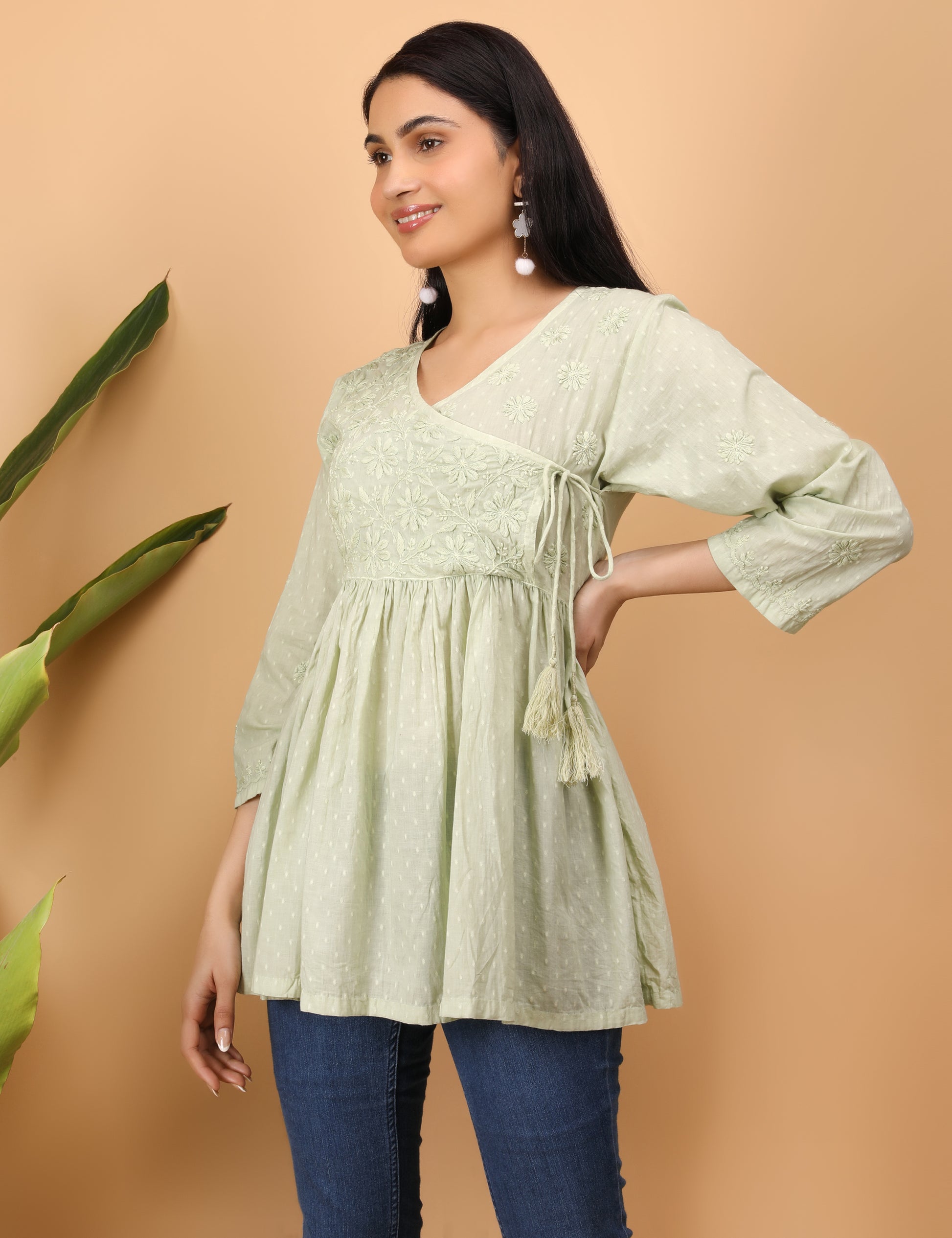 Shwet Artistry Shwet Women Cyan green Chikankari Angarkha Top - Premium Chikankari Collection