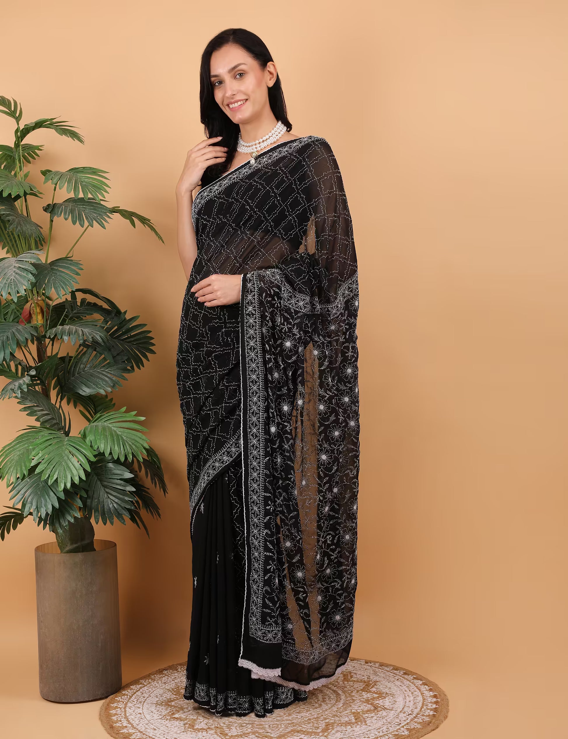Shwet Women Hand Embroidered Black Georgette Chikankari Saree - Shwet Artistry