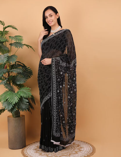Shwet Women Hand Embroidered Black Georgette Chikankari Saree - Shwet Artistry