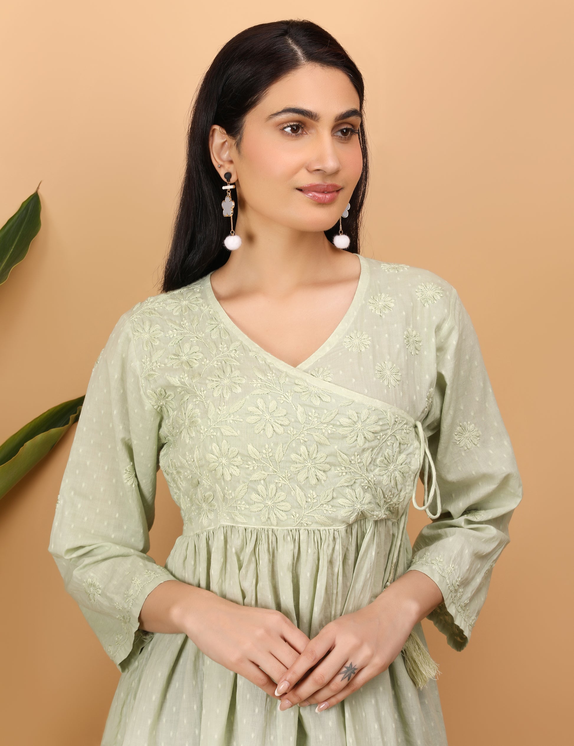 Shwet Artistry Shwet Women Cyan green Chikankari Angarkha Top - Premium Chikankari Collection