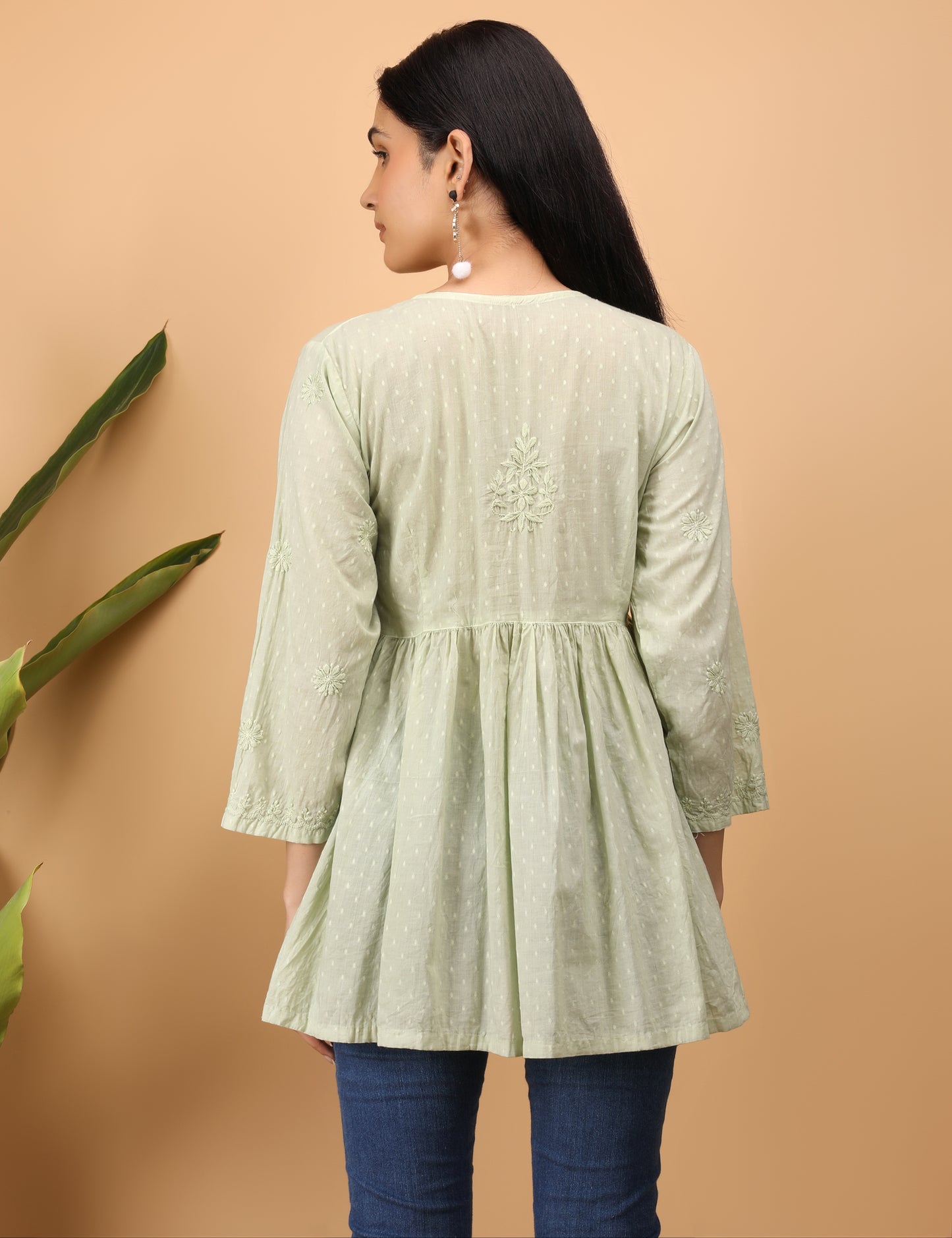 Shwet Artistry Shwet Women Cyan green Chikankari Angarkha Top - Premium Chikankari Collection