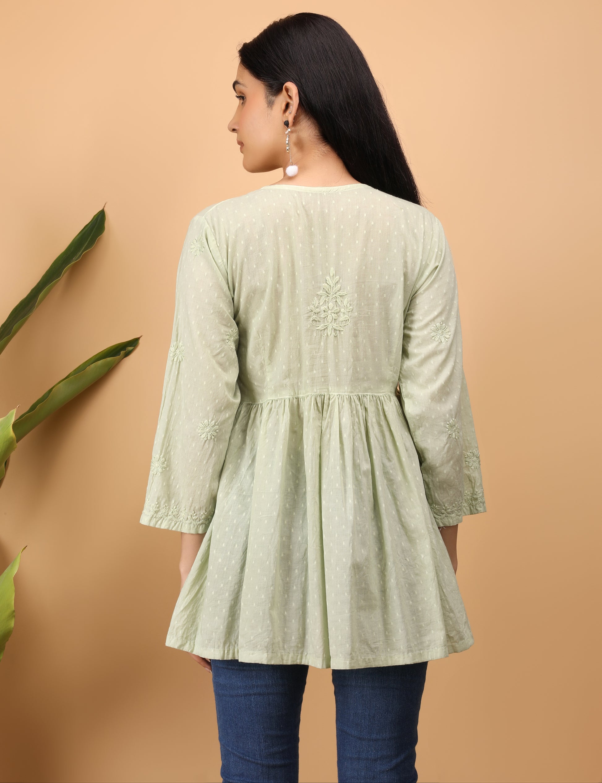 Shwet Artistry Shwet Women Cyan green Chikankari Angarkha Top - Premium Chikankari Collection
