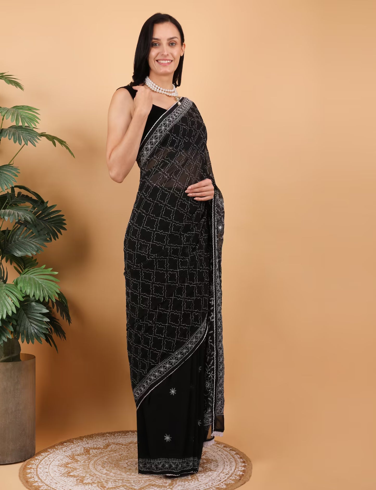 Shwet Women Hand Embroidered Black Georgette Chikankari Saree - Shwet Artistry