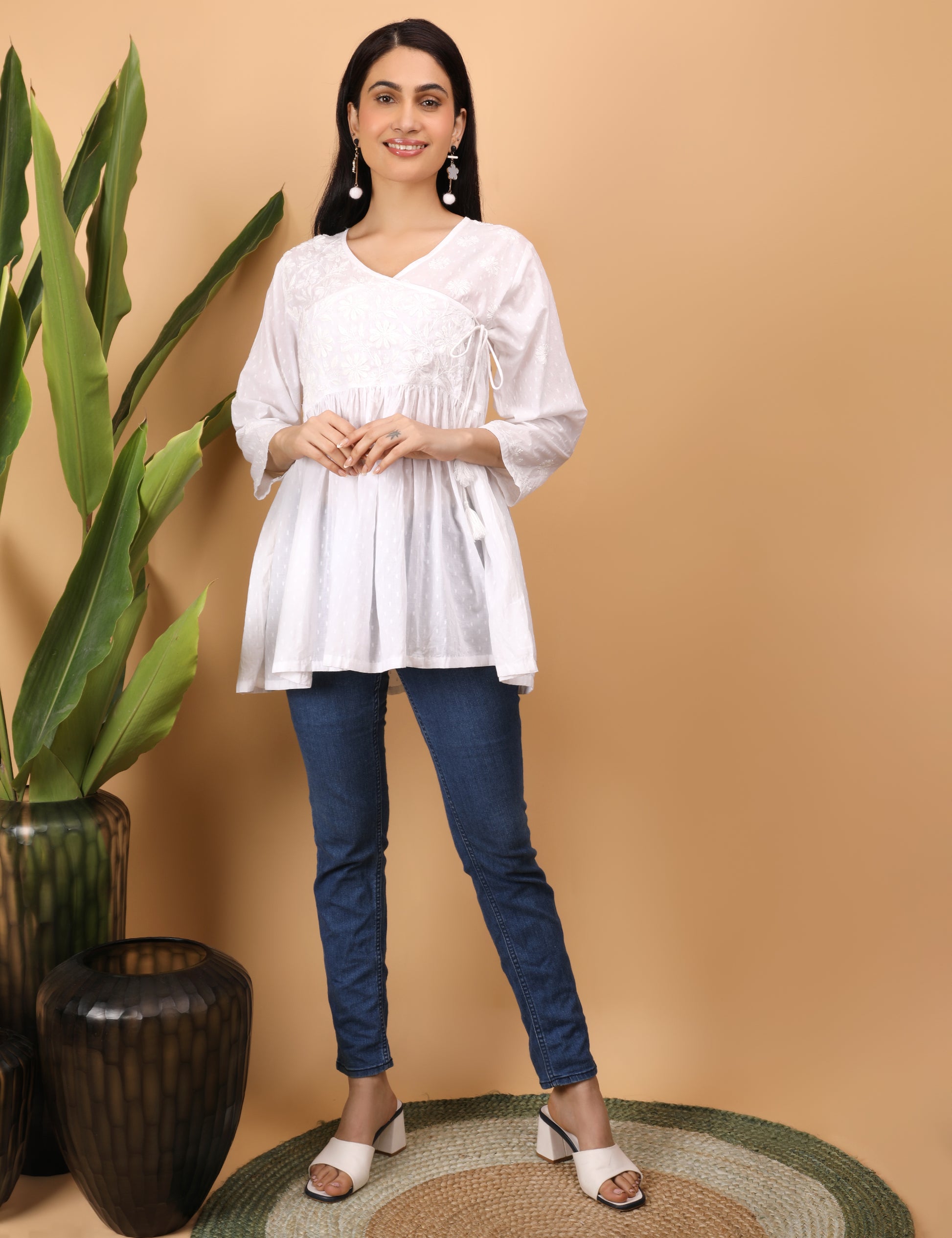 Shwet Artistry Shwet Women white Chikankari Angarkha Top - Premium Chikankari Collection