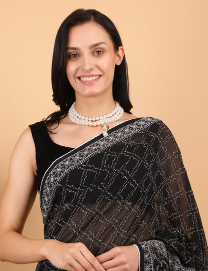 Shwet Women Hand Embroidered Black Georgette Chikankari Saree - Shwet Artistry