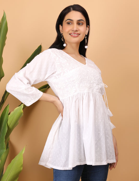 Shwet Artistry Shwet Women white Chikankari Angarkha Top - Premium Chikankari Collection