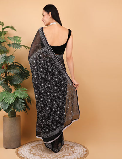 Shwet Women Hand Embroidered Black Georgette Chikankari Saree - Shwet Artistry